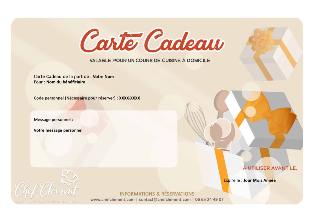 Carte Cadeau - Chef Clément - Valable pour un cours de cuisine à domicile